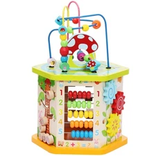 9-in-1 Wooden Play Cube Activity Center Multifunctional Bead Maze Shape Sorte...