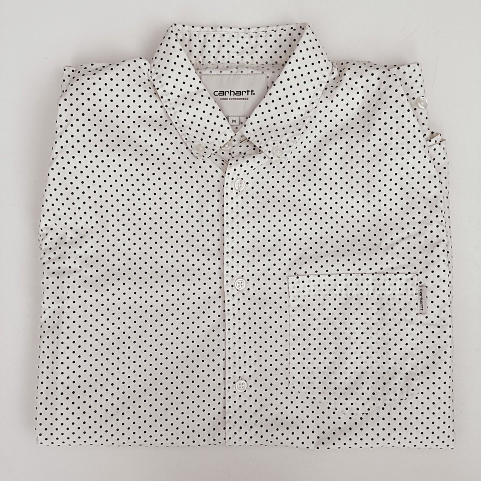 Carhartt Long Sleeve Button Up Shirt Ivory White + Black Polka Dots Mens Size M