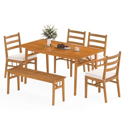 6PCS Patio Acacia Wood Dining Set w/Bench 1.97'' Umbrella Hole Cushions for Yard