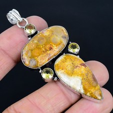 Elegant Fossil Coral, Citrine Gemstone 925 Sterling Silver Pendant 2.84"