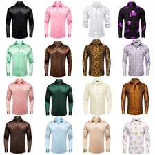 Mens Shirt Brown Satin Long Sleeve Regular Set Wedding Formal Casual