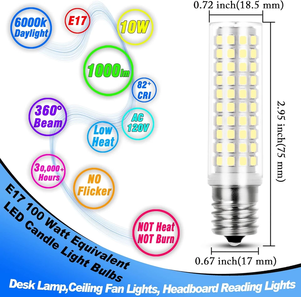 E17 LED Light Bulb 10 Watt Equivalent 100W 6000K Daylight White 1000Lm 120V E17 - Image 2 of 4