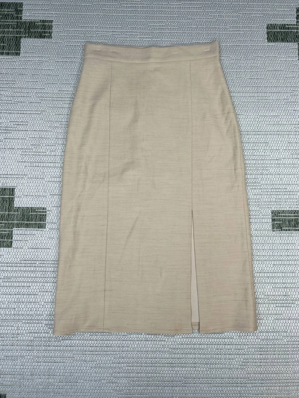 Sezane Pencil Skirt Womens 36 Beige Linen Stretch Front Slit Back Zip Formal