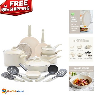 Complete 16-Piece Healthy Ceramic Cookware Set with Glass Lids, Dishwasher Safe