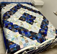 Vtg Handmade 84 x 84 Patchwork Blue Quilt Coverlet Double Sided Floral Full