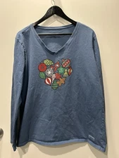LIFE IS GOOD Women's Blue Festive Christmas Heart L/S Crusher T-Shirt XL