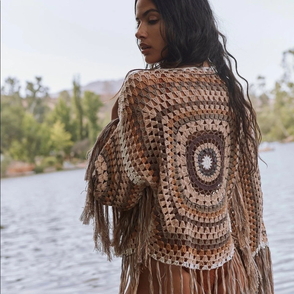 Suéter Poncho Free People X Flook Bohemio Crochet Verano Brisa Talla Pequeña Foto 2 de 4