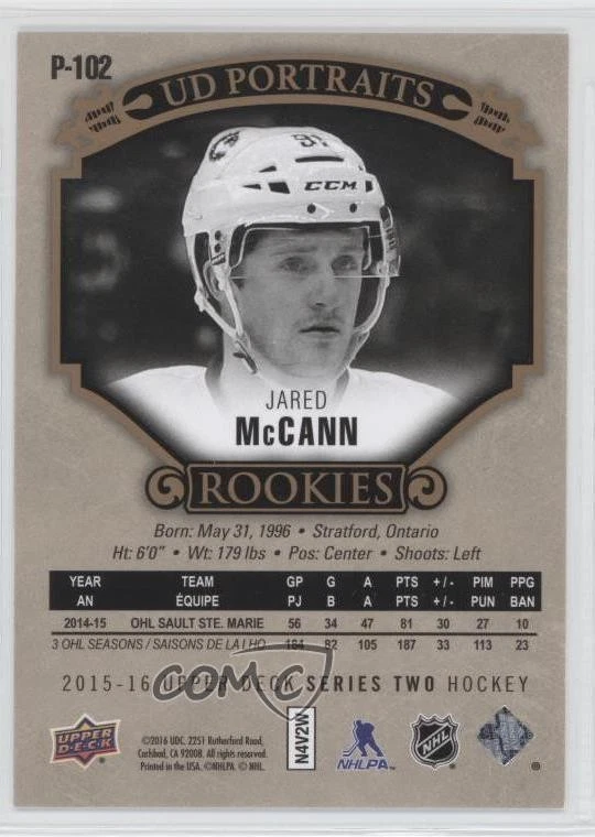 2015-16 Upper Deck UD Portraits Gold Foil /99 Jared McCann #P-102 Rookie RC - Image 2 of 2