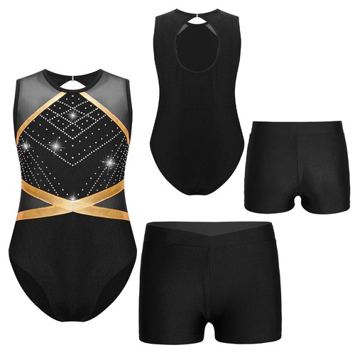 UK Girls Sparkle Leotards Sleeveless Gymnastics Dance Unitard Tumbling Shorts - Picture 15 of 76