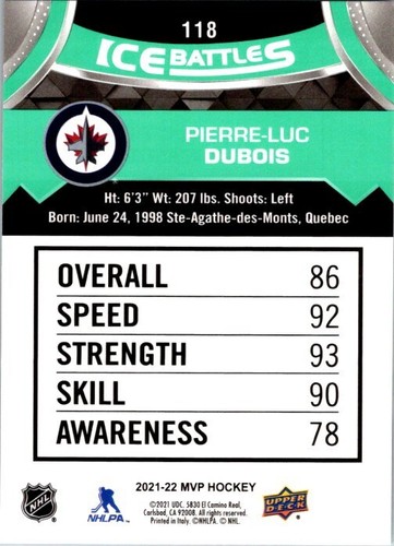2021-22 Upper Deck MVP #118 Pierre-Luc Dubois Ice Battles - Picture 2 of 2