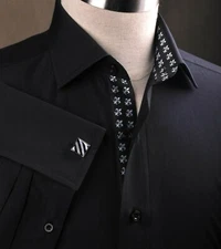 Sexy Pure Black Poplin Formal Dinner Event Dress Shirt Fluer-De-Lis Inner Lining
