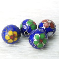Vintage Dk Blue Mixed Color Flowers Cloisonne Chinese Enamel 10mm 4 Beads 