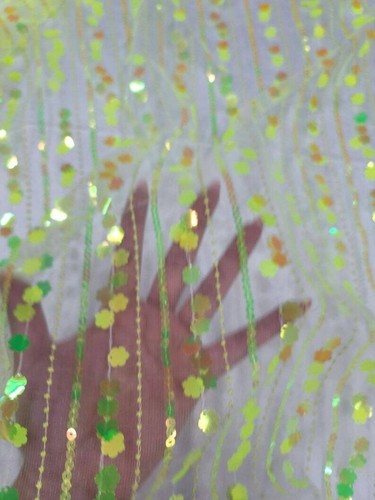 Neón Green 3d Sequin Iridescent Floral Flowers Embroidery Mesh Prom Fabric Sold - Picture 2 of 5