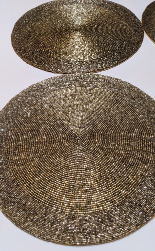 SET 4 Tahari Gold Round Beaded Placemat 15” CHARGER SHIMMER Gorgeous! - Picture 2 of 7