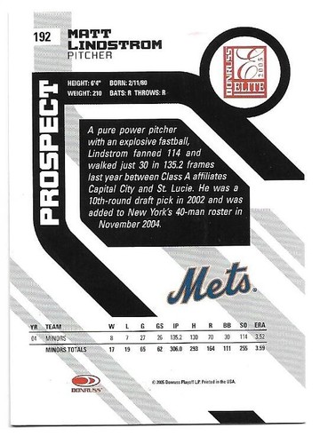 Matt Lindstrom 2005 Donruss Elite Prospect automático novato #192/1500 New York Mets - Imagen 2 de 2
