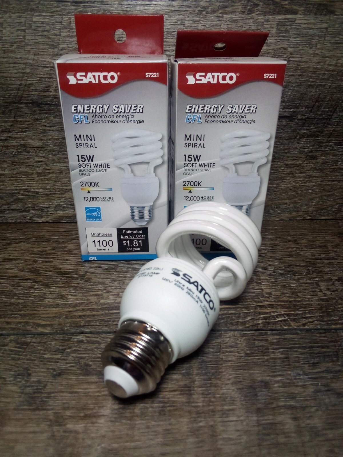 (2) Bulb Pack SATCO ENERGY SAVER CFL 15W Soft White Mini Spiral 12,000 Hours