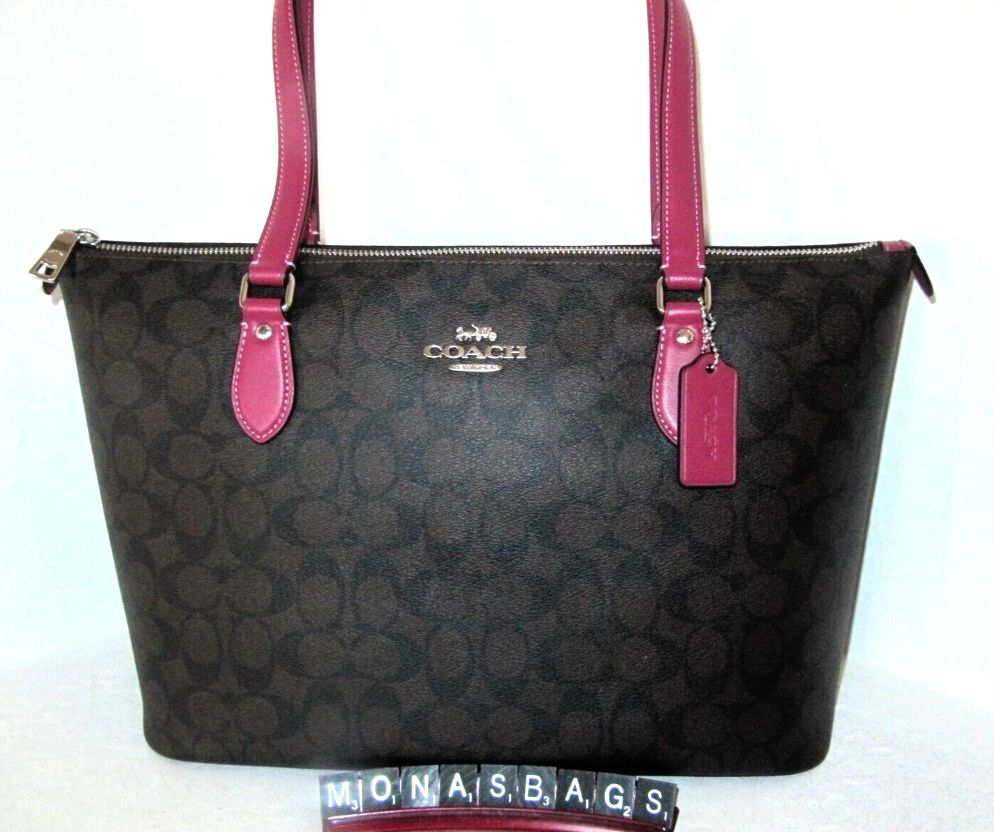 Borsa Coach CH504 marrone viola brillante rivestita in tela firma galleria nuova con etichette $387
