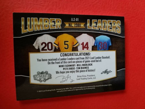 PETE ROSE MIKE SCHMIDT TIM RAINES BILL MADLOCK 4 GU BAT CARD #d12/12 LEAF LUMBER - Picture 2 of 2