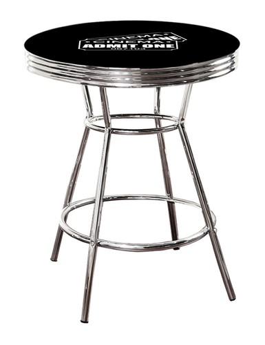 BLACK AND CHROME ROUND BAR TABLE WITH NOVELTY THEME DECAL LOGO W/GLASS OPTION - Picture 2 of 20