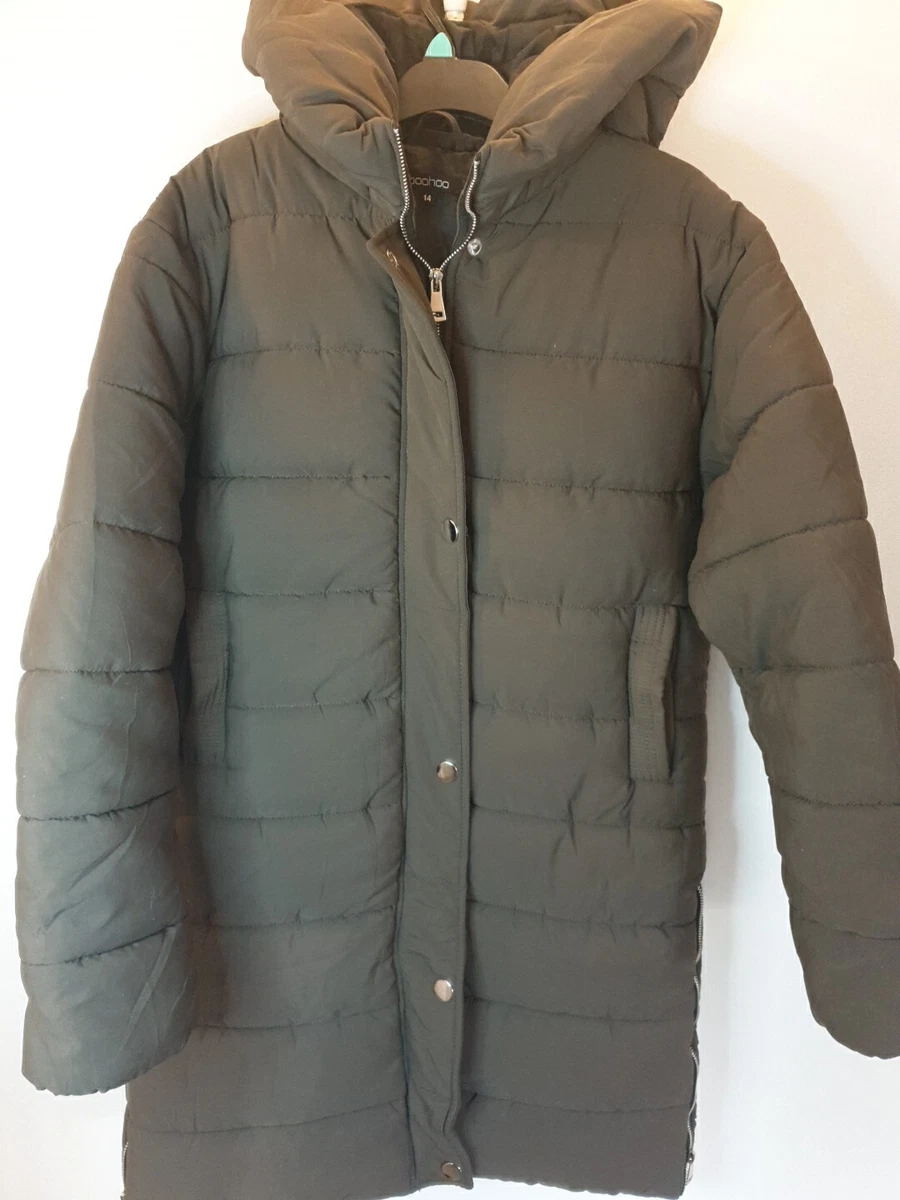 Boohoo Longline Puffer Jacket Khaki Uk14 eBay