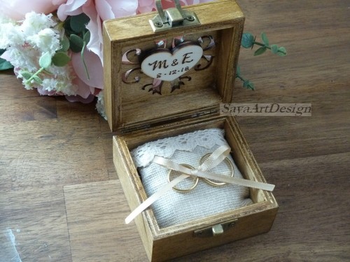 Rustic Country Wedding Ring Box. Carved Wooden Ring Bearer Box, Personalized - Picture 3 of 12