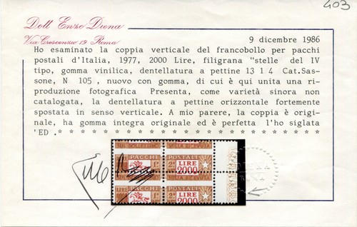 1957 Repubblica Pacchi Postali stelle 2000 lire dentellatura spostata cert. ** - Foto 2 di 2