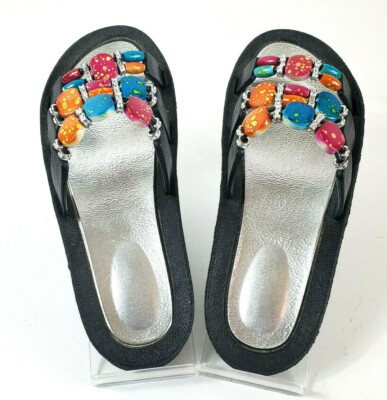 Womens Flip Flops Black Multi Colored Beads SlipOn Sandals Sz LG Unbranded