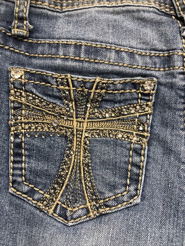 Earl Jeans Capri Size 6 Cuffed Embellished Stretch Blue Denim Pocket Cross - Picture 3 of 7