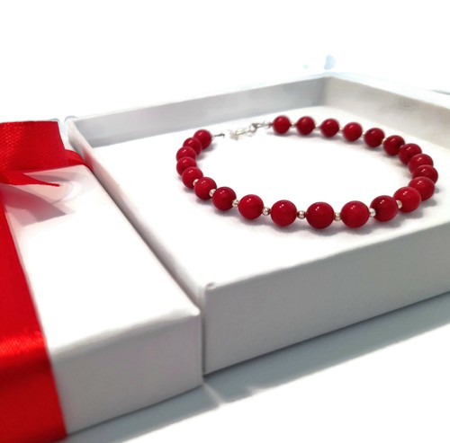 Red Coral Bracelet in Sterling Silver, Luxurious Natural Gemstone Beads - Picture 5 of 12