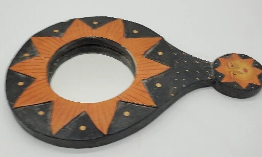 Boho Handmade Hand Mirror Carved / Painted Wooden Suns  - Image 4 of 4