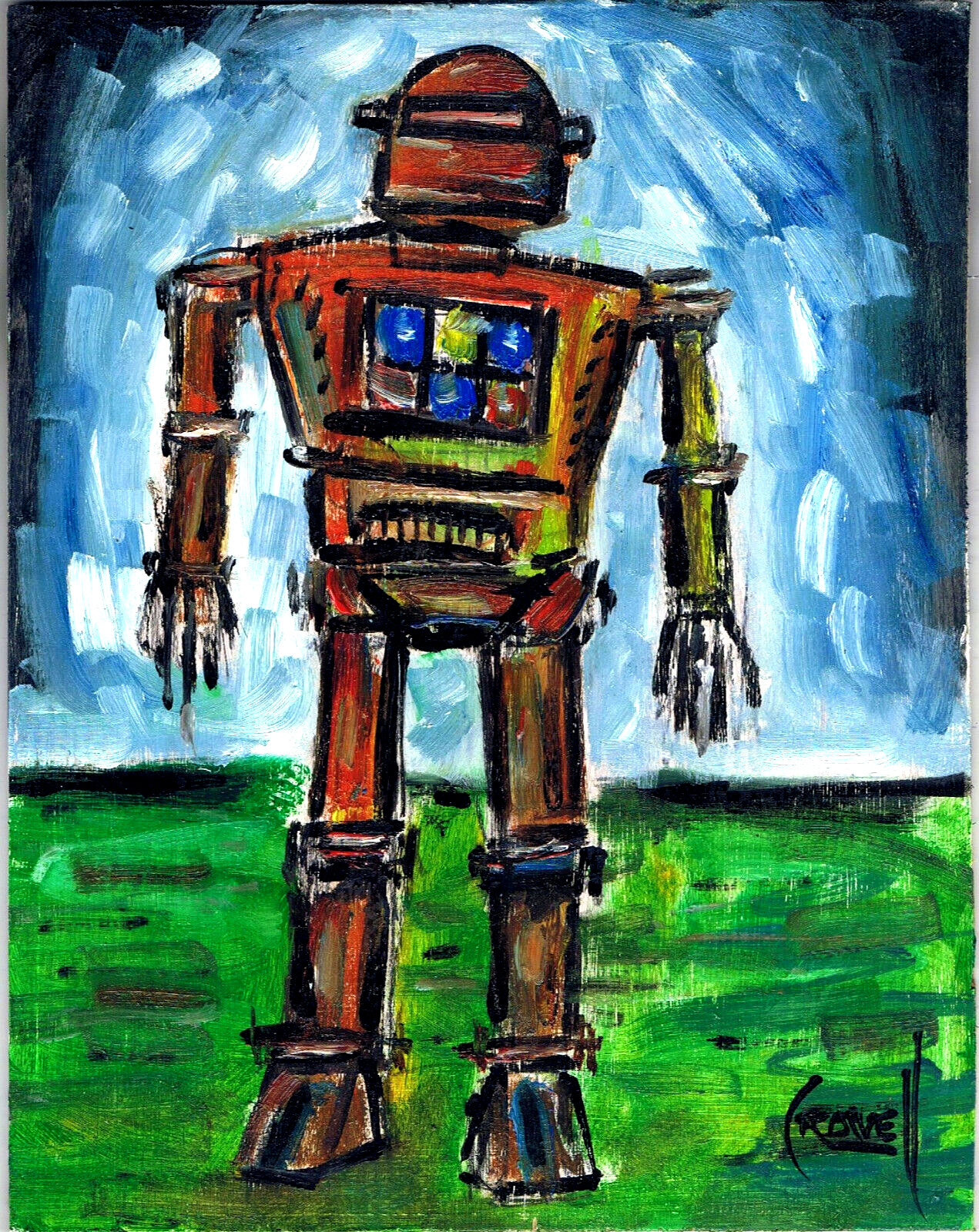 ROBOT MENACE  8x10 Wood retro RED mech art oil painting original  signed CROWELL