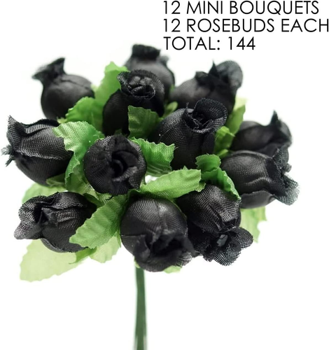 Black Artificial Silk Flower Roses - 12 Mini Bouquets of 12 Rosebuds, 144 Total - Picture 2 of 5