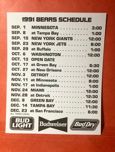 1991 casco/logotipo transferencia ventana de los Chicago Bears con calendario de fútbol 91 - Imagen 2 de 2