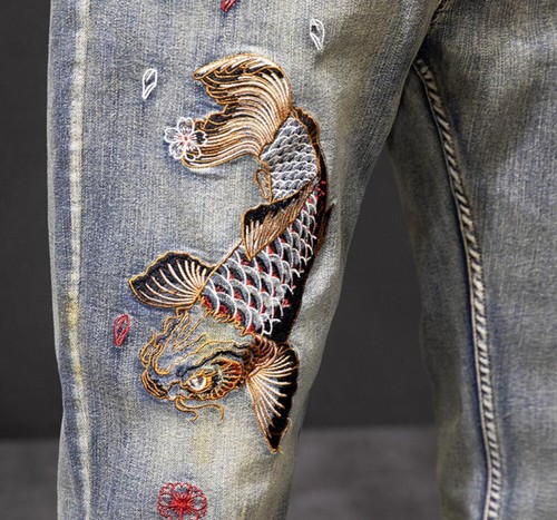 Mens Blue Denim Jeans Fish Embroidered Straight Leg Stretch Pants Trousers New - Picture 6 of 11