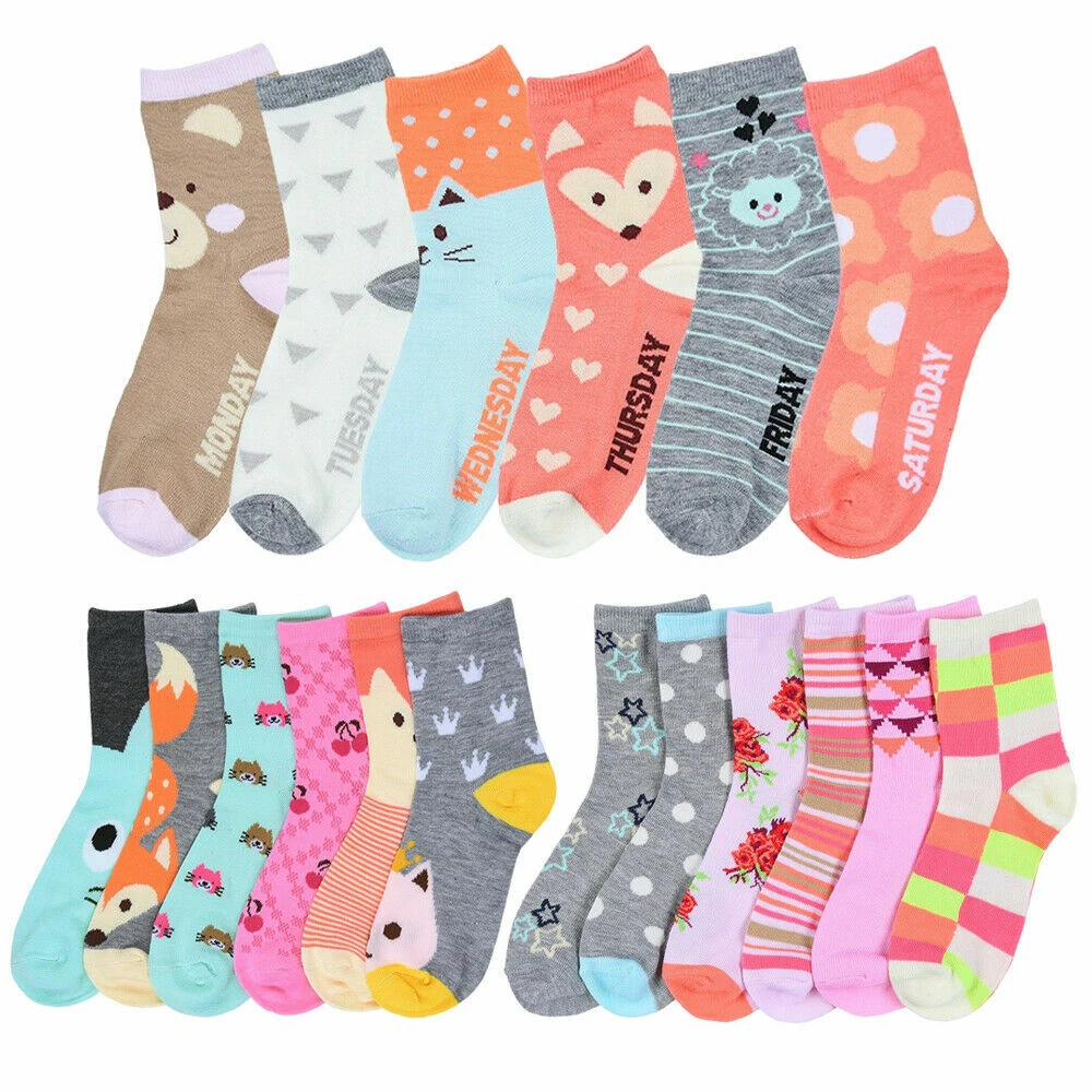 6 Pair Girls Socks Size 4 6 Crew Low Cut Quarter Kids Novelty