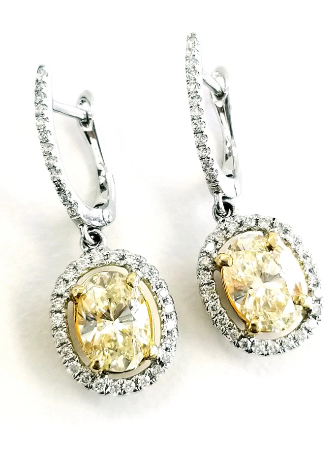 2CT Diamond Drop Earrings 18K White Gold Natural Oval Cut Brilliant Yellow Color - Image 2 of 4