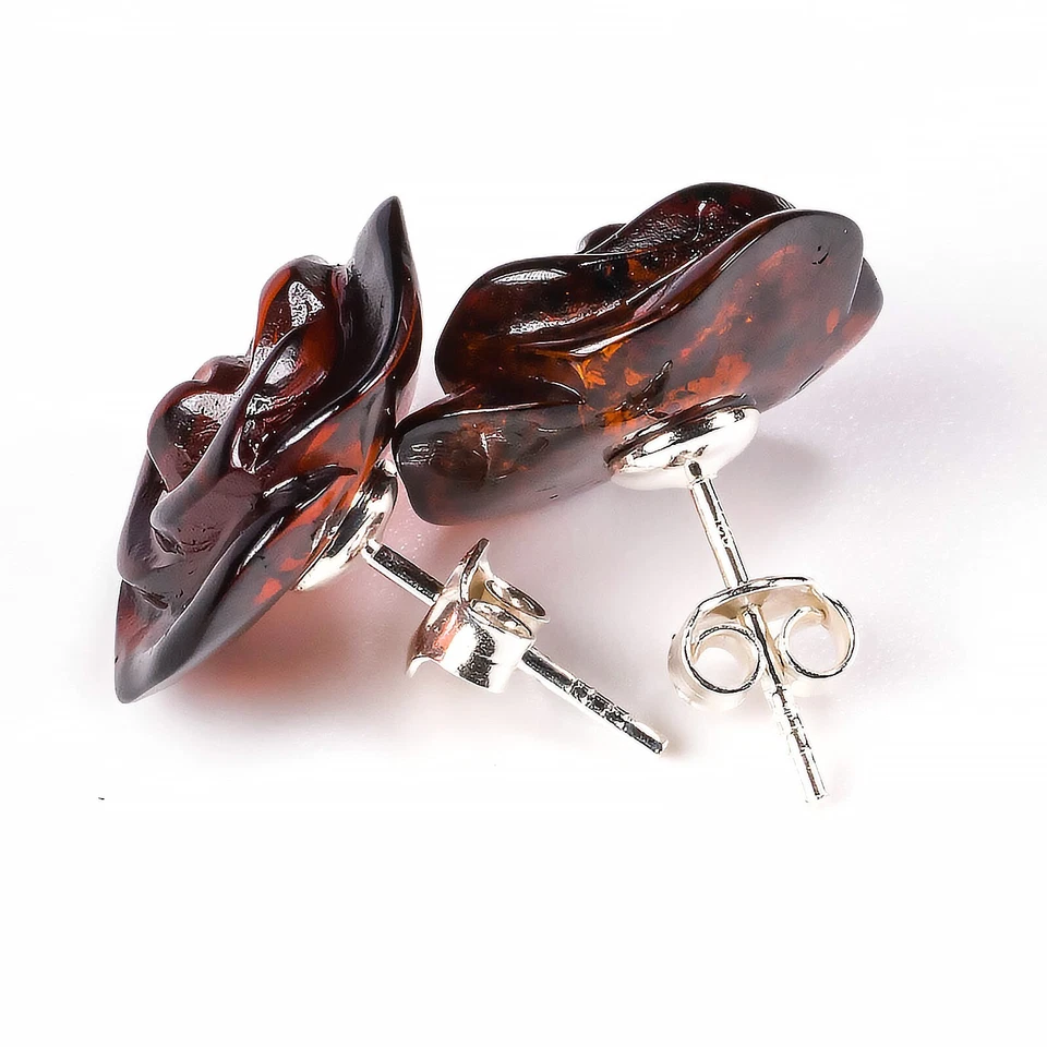 Дизайнерские серьги-гвоздики из чистого серебра 925 пробы с вишней балтийским янтарем и розой - Изображение 4 из 4