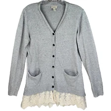 LOGO Lori Goldstein Layered Cardigan Womens S Ash Gray Ivory Lace Hem Cozy Tunic