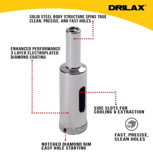Drilax Diamantbohrkrone Set 3/16, 1/4, 5/16, 3/8, 1/2 Zoll Bohren Fliesen Glas - Bild 7 von 8