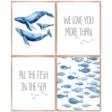 laveliabel Nautical Whale Ocean Wall Art Prints Set of 4 Unframed, We Love Yo...