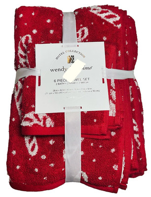 WENDY BELLISSIMO 6 PIECE TOWEL SET RED CANDY CANES DOTS 100% COTTON NWT