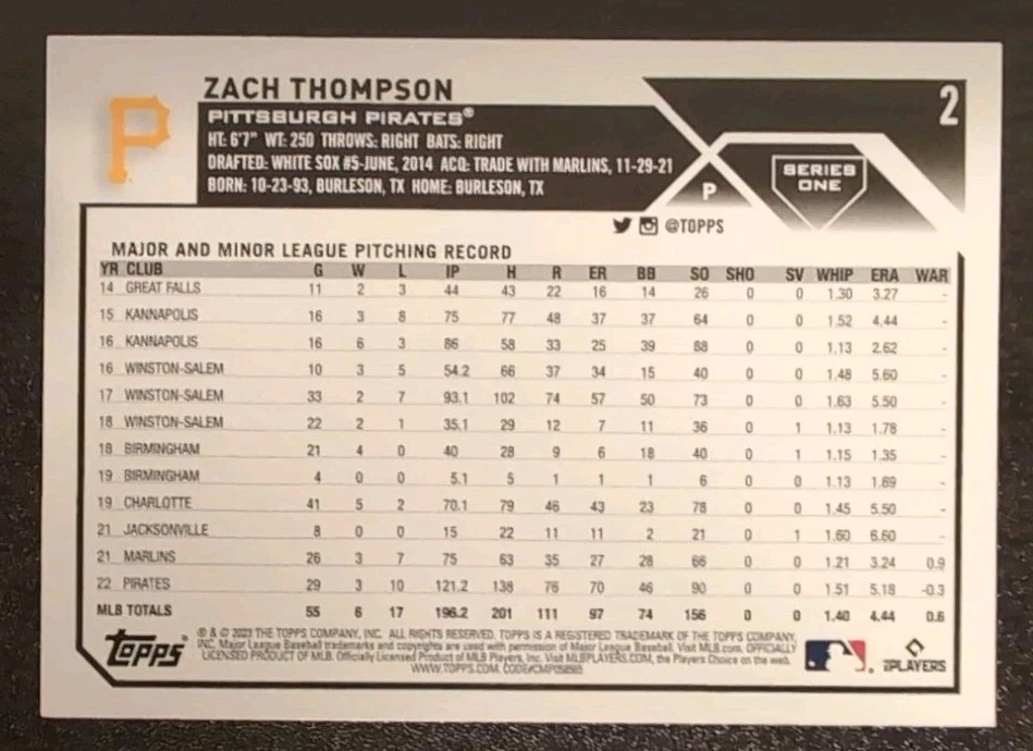 Zach Thompson #2 2023 Topps Series One Baseball Base Card Pittsburgh Pirates - Image 2 of 2