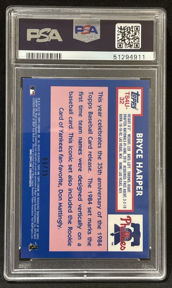 Bryce Harper 2019 Topps Chrome 84 Silver Pack Orange Refractor #/25 PSA 9 - Image 2 of 2