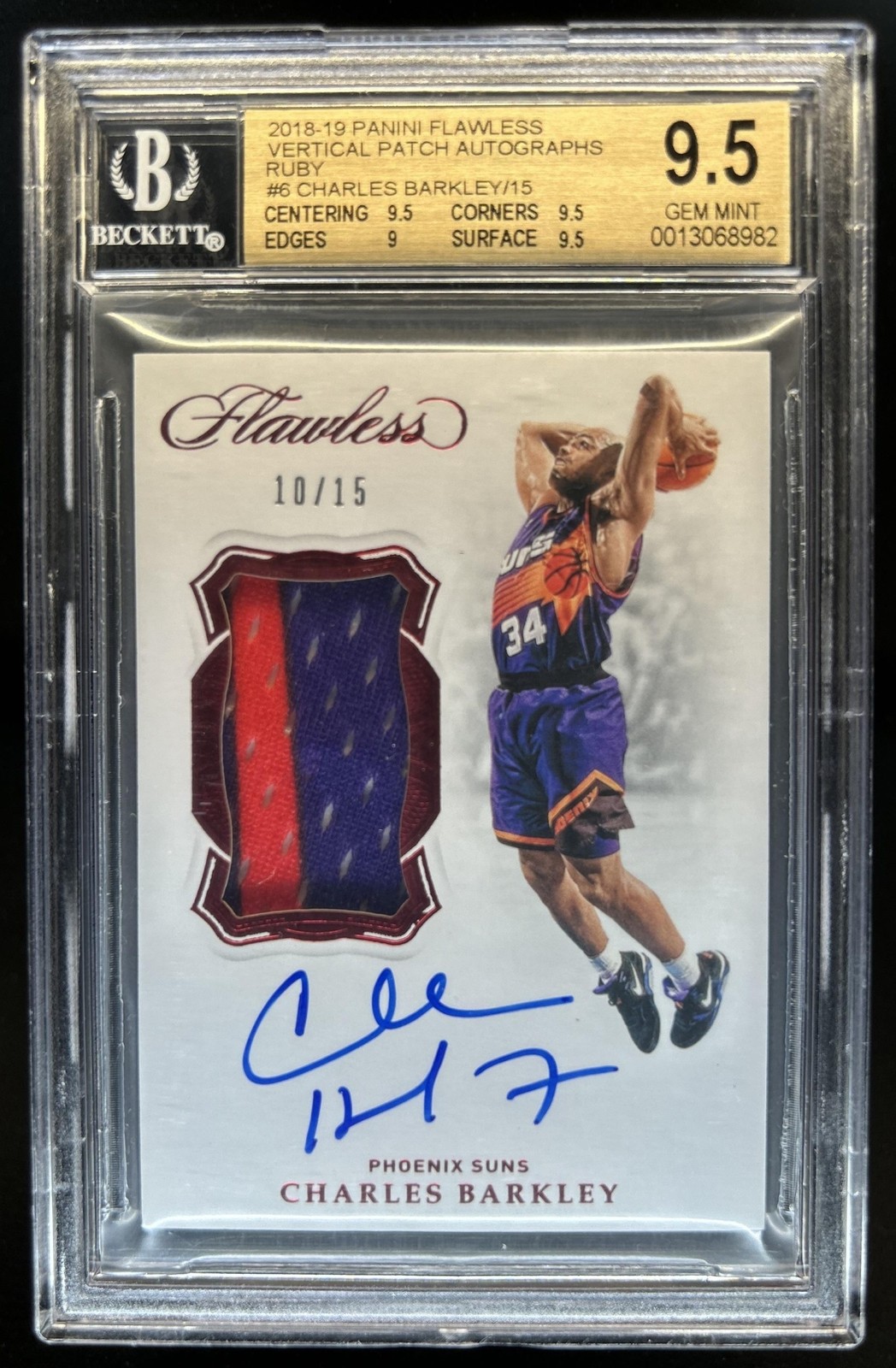 2018-19 Panini Flawless Charles Barkley Vertical Patch Auto Ruby #/15 BGS 9.5 view 1