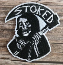 Stoked Grim Reaper Death Skeleton Skull Gothic Biker 90s Style Iron on Patch