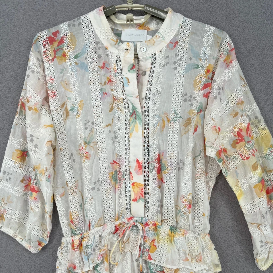 Zimmermann Dress Womens 0 White Red Yellow Floral Tie Lace Button Tier - Image 2 of 4