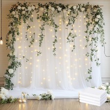 Tulle Backdrop Curtain with Lights String 20x8 Ft White Sheer 4 Panels 5x8 Ft