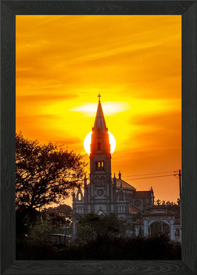 Sonnenuntergang über alter Kirche gerahmtes Wandbild Poster Leinwanddruck Bild