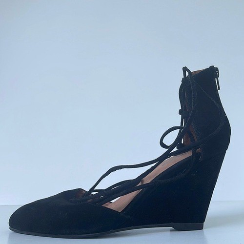 Jeffrey Campbell Ouverte Wedge Sandals Black Suede Leather Toe Heels Size 9 - Picture 2 of 9