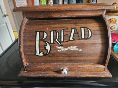 Vintage MCM Roll Top Bread Box Top Storage Primitive Rustic Farmhouse Dark Wood